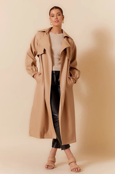 Camel leather outlet trench coat